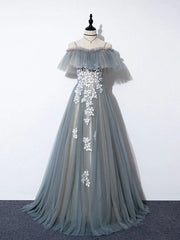 Gray Blue A line Tulle Lace Long Prom Dresses, Gray Blue Graduation Dresses