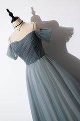 Gray Blue Spaghetti Strap Tulle Floor Length Prom Dresses, Off Shoulder Evening Party Dresses