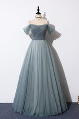 Gray Blue Spaghetti Strap Tulle Floor Length Prom Dresses, Off Shoulder Evening Party Dresses