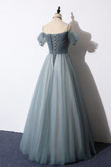 Gray Blue Spaghetti Strap Tulle Floor Length Prom Dresses, Off Shoulder Evening Party Dresses