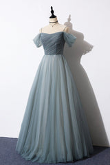 Gray Blue Spaghetti Strap Tulle Floor Length Prom Dresses, Off Shoulder Evening Party Dresses