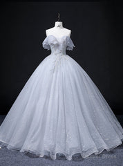 Gray Blue Tulle Sequins Off the Shoulder Beading Quinceanera Dress