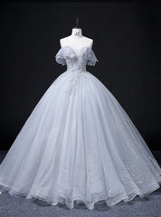 Gray Blue Tulle Sequins Off the Shoulder Beading Quinceanera Dress