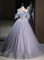 Gray Blue Tulle Sequins Strapless Feather Prom Dresses