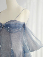 Gray Blue Tulle Tea Length Prom Dresses, Blue A line Formal Dresses