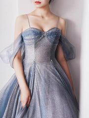 Gray Blue Tulle Tea Length Prom Dresses, Blue A line Formal Dresses