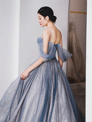 Gray Blue Tulle Tea Length Prom Dresses, Blue A line Formal Dresses