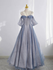 Gray Blue Tulle Tea Length Prom Dresses, Blue A line Formal Dresses