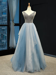 Gray Blue Tulle V-neck Backless Prom Dress With Beading