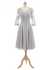 Gray Chiffon Appliques 3/4 Sleeve Knee Length Mother of The Bride Dresses