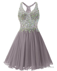 Gray Chiffon Crystal Homecoming Dress