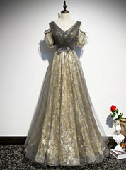 Gray Gold Tulle Sequins V-neck Short Sleeve Pleats Prom Dress