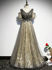 Gray Gold Tulle Sequins V-neck Short Sleeve Pleats Prom Dress