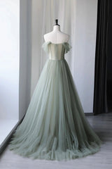 Gray Green Tulle Long Prom Dresses, Lovely Off Shoulder A-Line Evening Dresses