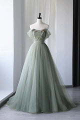 Gray Green Tulle Long Prom Dresses, Lovely Off Shoulder A-Line Evening Dresses