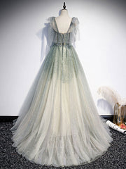 Gray Green Tulle Sequin Beads Long Prom Dresses, Green Evening Dresses