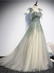 Gray Green Tulle Sequin Beads Long Prom Dresses, Green Evening Dresses