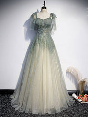 Gray Green Tulle Sequin Beads Long Prom Dresses, Green Evening Dresses