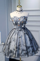 Gray Lace Strapless Short Prom Dresses, A-Line Sweetheart Neckline Party Dresses