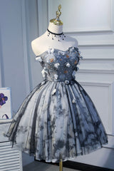 Gray Lace Strapless Short Prom Dresses, A-Line Sweetheart Neckline Party Dresses