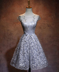 Gray Round Neck Lace Short Prom Dresses,Cute Homecoming Dresses