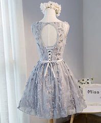 Gray Round Neck Lace Short Prom Dresses, Cute Lace Homecoming Dresses