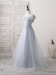 Gray Round Neck Lace Tulle Long Prom Dresses, Gray Evening Dresses