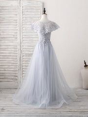 Gray Round Neck Lace Tulle Long Prom Dresses, Gray Evening Dresses