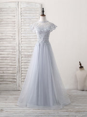 Gray Round Neck Lace Tulle Long Prom Dresses, Gray Evening Dresses