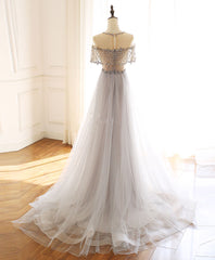 Gray Round Neck Tulle Beads Long Prom Dresses Forma Graduation Dresses