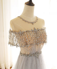 Gray Round Neck Tulle Beads Long Prom Dresses Forma Graduation Dresses