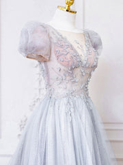 Gray Round Neck Tulle Lace Long Prom Dresses, Gray Tulle Evening Dresses