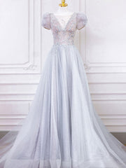 Gray Round Neck Tulle Lace Long Prom Dresses, Gray Tulle Evening Dresses