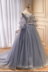 Gray Spaghetti Strap Lace Long Prom Dresses, Off the Shoulder Evening Party Dresses