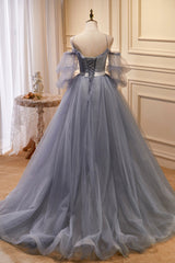 Gray Spaghetti Strap Lace Long Prom Dresses, Off the Shoulder Evening Party Dresses