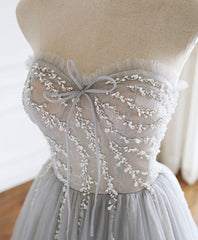 Gray Sweetheart Tulle Beads Long Prom Dresses Gray Tulle Formal Dresses