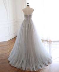 Gray Sweetheart Tulle Beads Long Prom Dresses Gray Tulle Formal Dresses