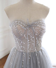 Gray Sweetheart Tulle Beads Long Prom Dresses Gray Tulle Formal Dresses