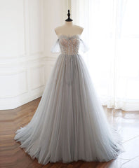 Gray Sweetheart Tulle Beads Long Prom Dresses Gray Tulle Formal Dresses