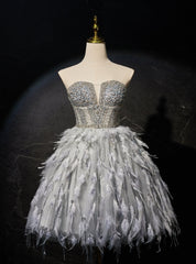 Gray Tulle Beading Feather Short Homecoming Dresses