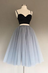 Gray Tulle Charming A-Line Two-Piece Short Homecoming Dresses,Cocktail Dresses