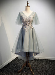 Gray Tulle Hig Lo V-neck Short Sleeve Beading Prom Dress