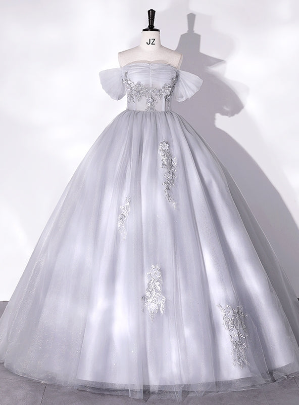 Gray Tulle Lace 3D Appliques Quinceanera Dress