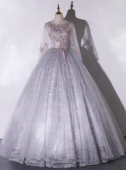 Gray Tulle Lace Appliques Long Sleeve Quinceanera Dress