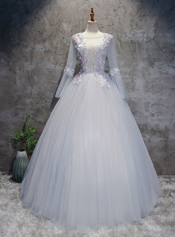 Gray Tulle Long Sleeve Backless Quinceanera Dress