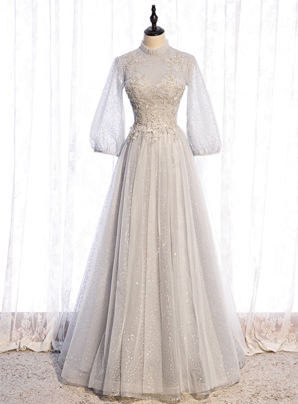 Gray Tulle Long Sleeve Sequins Beading Prom Dress