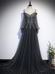 Gray Tulle Long Sleeve Spaghetti Straps Appliques Beading Prom Dress