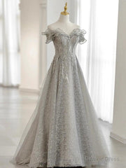 Gray Tulle Sequin Lace Off Shoulder Long Prom Dress, Gray Evening Dress