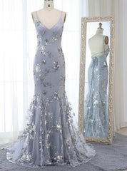 Gray Tulle Sequins Appliques Spaghetti Straps Backless Long Prom Dress