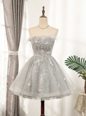 Gray Tulle Sequins Feather Homecoming Dresses